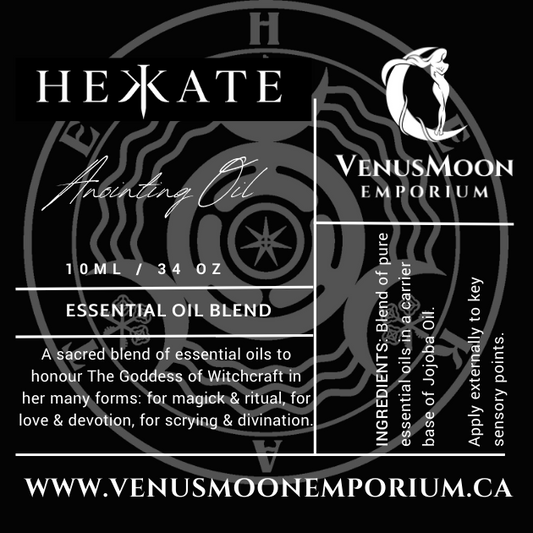 Hekate Anointing Oil in 10ml black glass roller bottle, an intoxicating ritual oil of opium, sandalwood, and red rose consecrated to the Goddess of Witchcraft and the Crossroads.