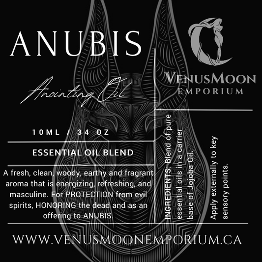 Anubis Anointing Oil in 10ml black glass roller bottle, consecrated to the Jackal God and guardian of the dead.