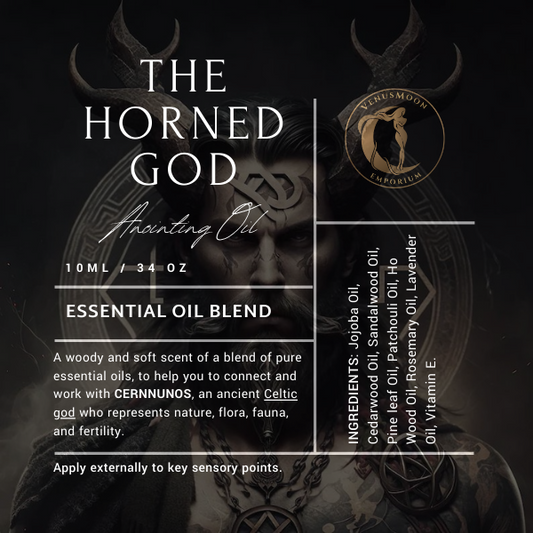 Cernunnos Anointing Oil in 10ml black glass roller bottle, an earthy ritual oil of cedar, pine, patchouli, and musk consecrated to the Horned One.