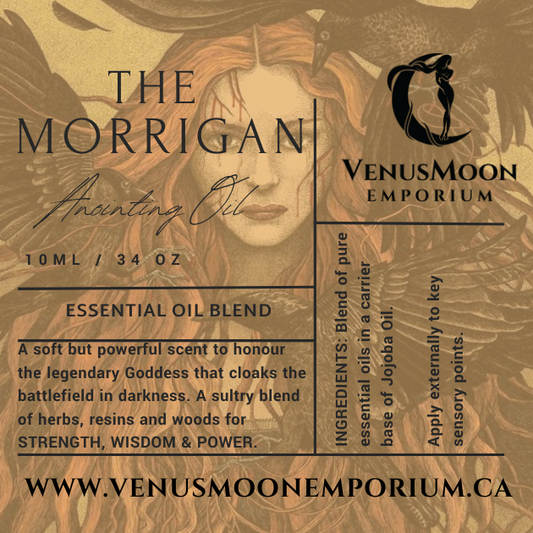 Dark ritual anointing oil consecrated to the Morrigan, Celtic Goddess of Magick and Might, crafted for strength, wisdom, and power.