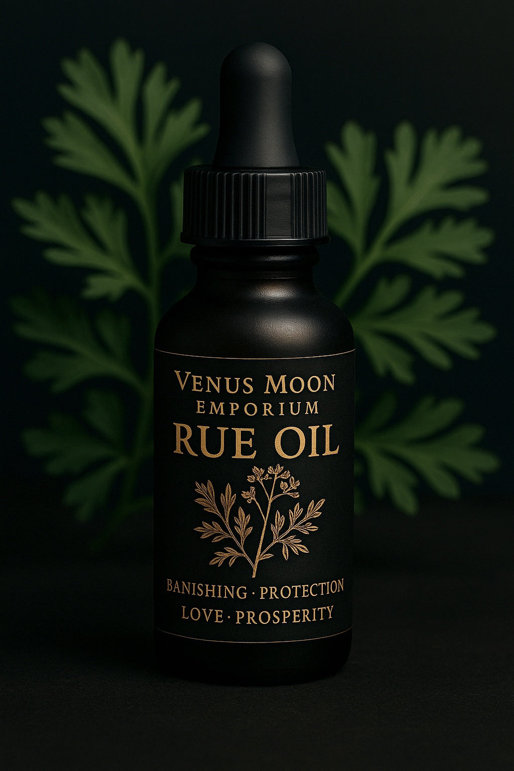 A black apothecary bottle of Rue Oil with gold-etched label stands against a backdrop of soft green rue leaves. Label reads “VENUS MOON EMPORIUM — RUE OIL — Banishing, Protection, Love, Prosperity,” evoking the aura of old-world magic and sacred herbcraft.