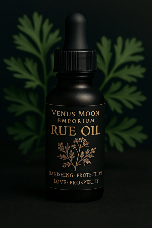 A black apothecary bottle of Rue Oil with gold-etched label stands against a backdrop of soft green rue leaves. Label reads “VENUS MOON EMPORIUM — RUE OIL — Banishing, Protection, Love, Prosperity,” evoking the aura of old-world magic and sacred herbcraft.