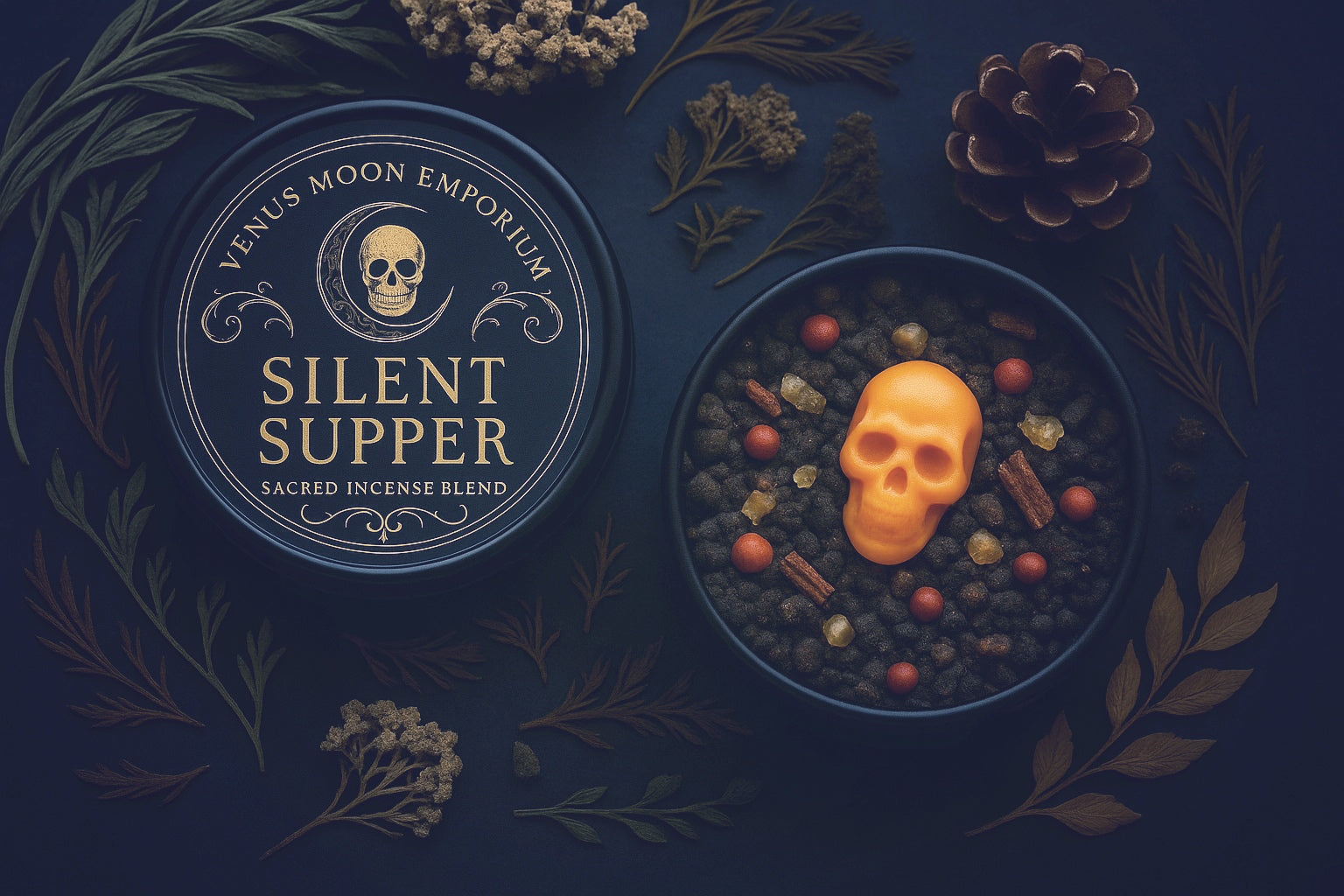 Samhain Silent Supper incense tin with gothic gold label, ancestor offering ritual incense.