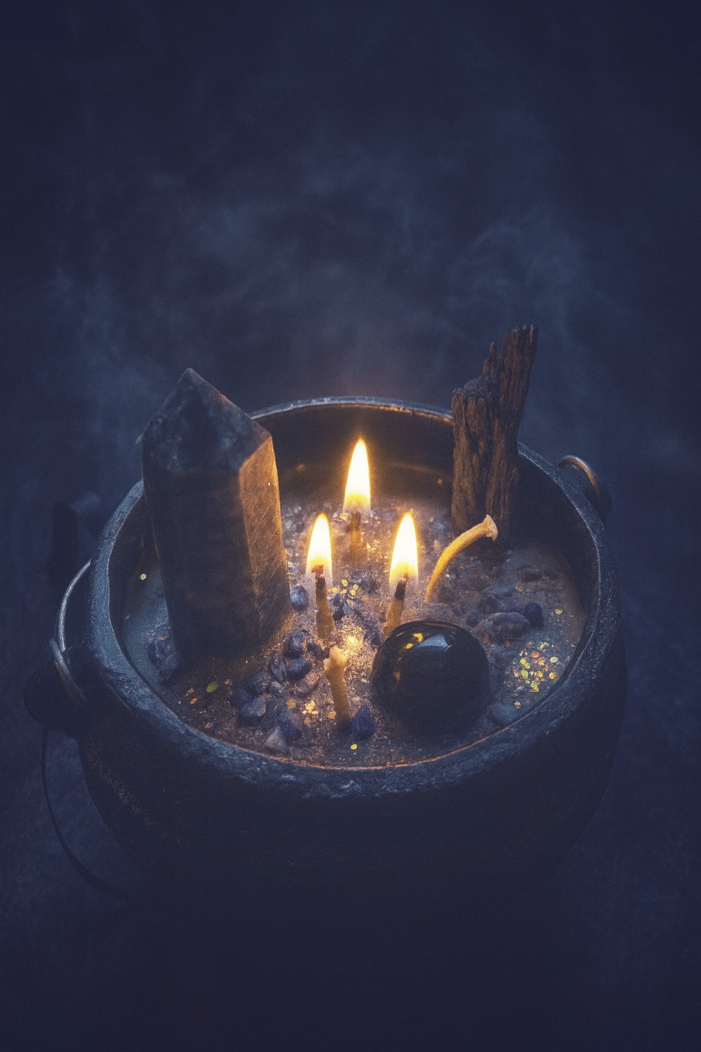 Black cast iron cauldron candle with crystals and herbs, containing an embedded Hekate Strophalos charm necklace at the center.
