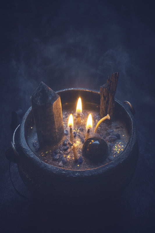 Black cast iron cauldron candle with crystals and herbs, containing an embedded Hekate Strophalos charm necklace at the center.