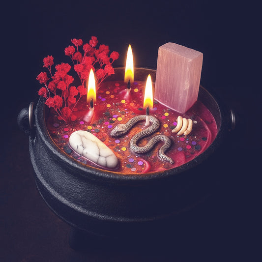 Lilith Cauldron Candle – consecrated in ritual with the Goddess Lilith. Includes serpent talisman charm, crystals, incense, and botanicals in a cast iron cauldron.