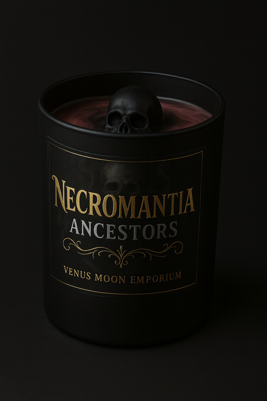 Close-up of Necromantia Ancestors ritual candle with gold and silver foil label and wax skull for summoning spirits and grieving loved ones