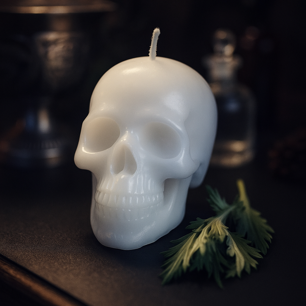 White skull-shaped ritual candle on a dark altar surface with moody lighting and silver chalice in the background, symbolizing purity, spirit work, and communication with ancestors.