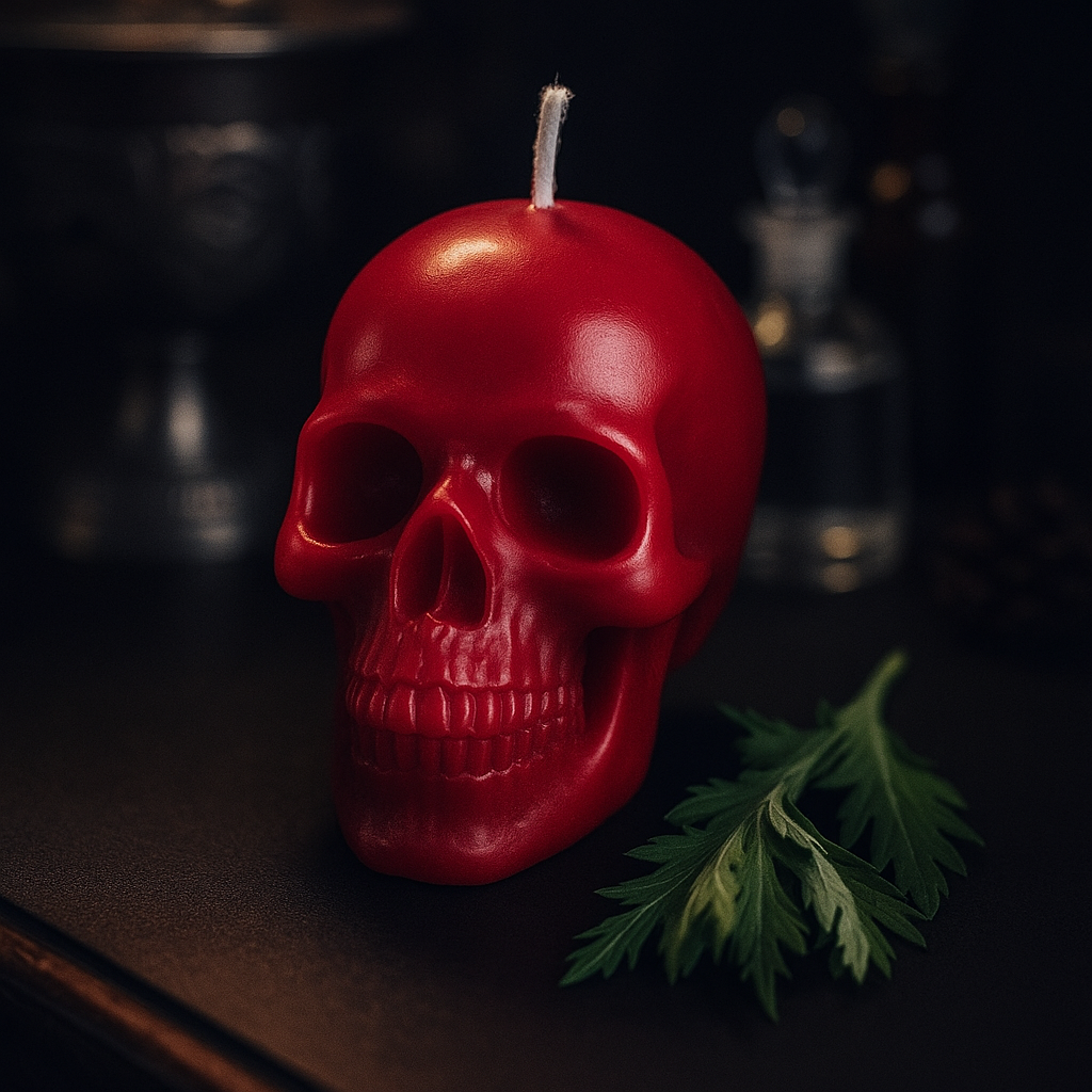 Red skull-shaped ritual candle with detailed features, resting on a dark altar with herbs and blurred ritual objects in the background, representing passion, power, and vitality.