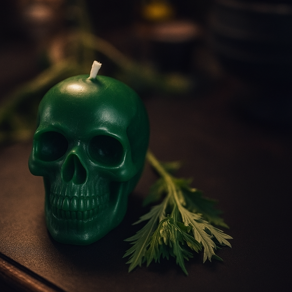 Green skull-shaped ritual candle on a dark surface with serrated leaves beside it, illuminated in atmospheric lighting, symbolizing prosperity, success, and growth.