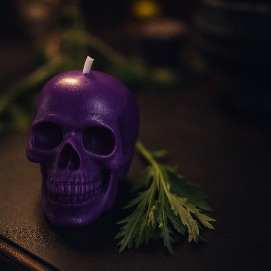 Purple skull-shaped ritual candle on a shadowed altar surface with greenery nearby and ritual objects in the background, representing wisdom, mastery, and psychic power.