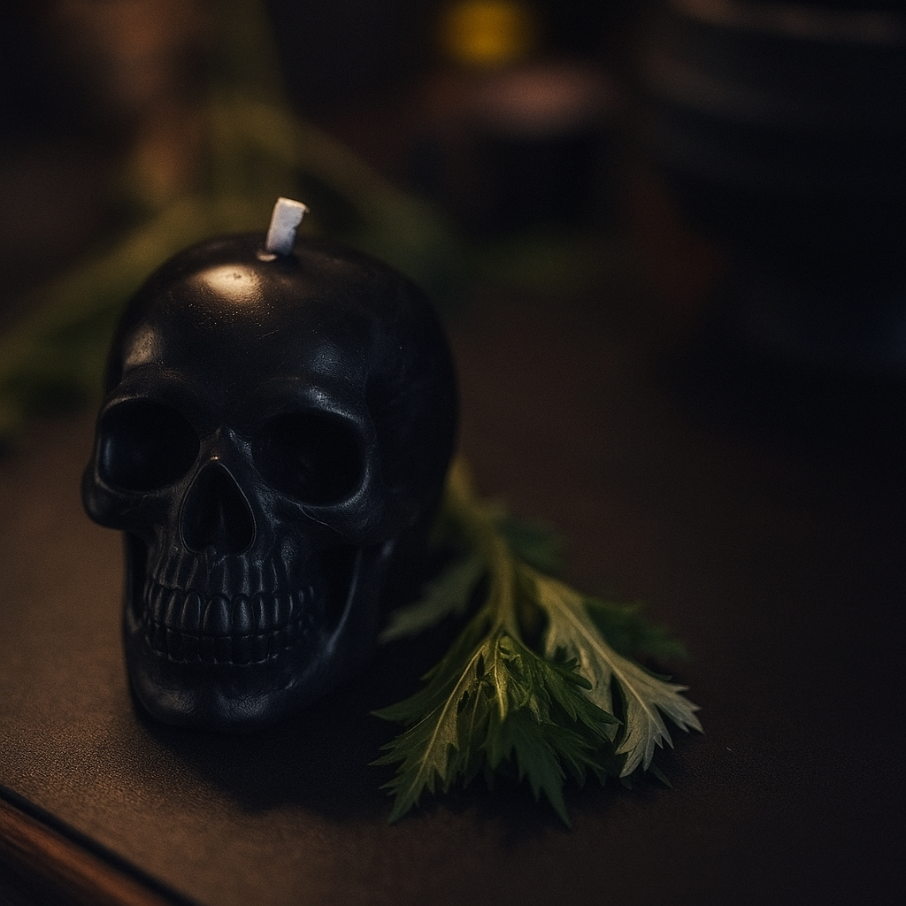 Black skull-shaped ritual candle resting on a dark altar surface with herbs and blurred ritual items in the background, symbolizing protection, banishing, and ancestral connection.