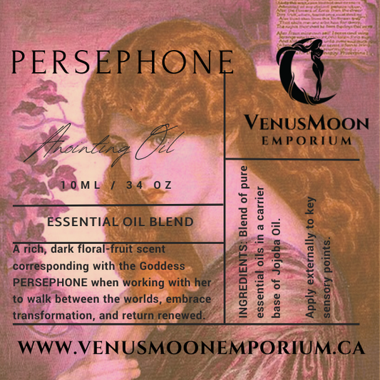 Dark, moody product label for Persephone Anointing Oil featuring the Goddess against a deep red background with gold text, created by Venus Moon Emporium.