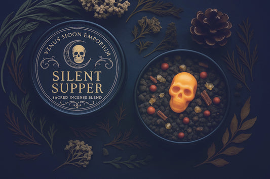 Samhain Silent Supper incense tin with gothic gold label, ancestor offering ritual incense.